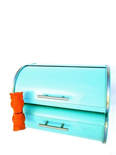 retro turquoise metal and chrome bread box mid-century|Vintage Mid Century Bread Box .